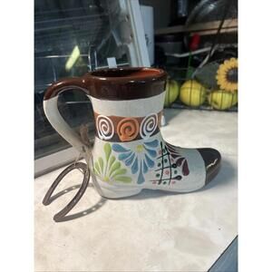 Vintage Novelty Floral Ceramic Cowboy Boot With Horse Show Good Luck Charm 6.75”